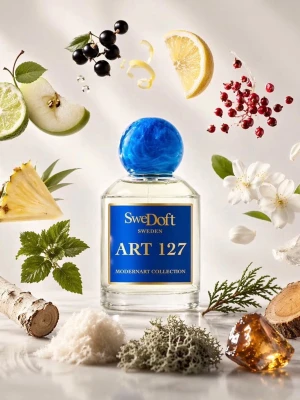 SweDoft ART 127 Eau de Parfum - SweDoft ART 127 Eau de Parfum från Modernart Collection har en elegant glasflaska med blå etikett och en marmorerad blå rund kork. Doften har inslag av citrus, svarta vinbär, ananas, trä och blommor. Flaskan rymmer 100 ml och kommer i en lyxig vit och guld förpackning.
