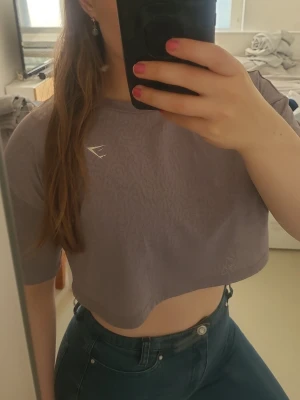 Ljuslila croppad topp från Gymshark - Ljuslila croptop från Gymshark med korta ärmar och rund halsringning. Toppen har en diskret logga på bröstet och är tillverkad i ett luftigt, stretchigt mönstrat material. Passar även mig som har storlek s/m. Endast testad, aldrig använd.