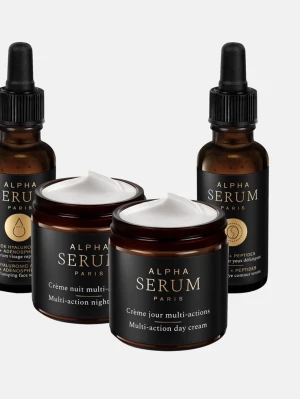 Alpha Serum Paris hudvårdsset - Snyggt hudvårdsset från Alpha Serum Paris med två serum i bruna glasflaskor med pipett och två krämer i matchande burkar. Setet innehåller multi-action dag- och nattkräm samt sndikts och ögonserum med hyaluronsyra och peptider. Marknadsvärdet för detta sättet är över 9000:-  För information om samtliga produkter i paketet kan du läsa på deras hemsida.