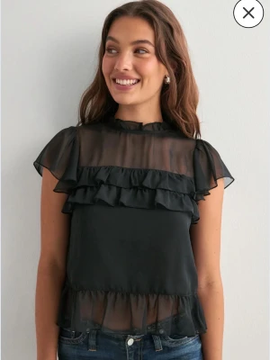 Svart blus - Snygg svart blus med volangdetaljer och transparent tyg upptill och vid ärmarna. Blusen har korta, fladdriga ärmar och liten volangkrage. Perfekt att styla med jeans eller kjol för en trendig look. Materialet känns lätt och luftigt.