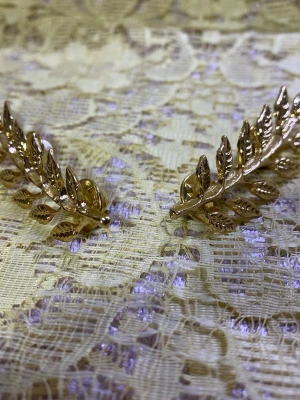 Guldiga bladformade kragsmycken - Säljer ett par snygga kragsmycken i form av blad, perfekta att fästa på skjortkragen för en trendig och elegant look. De är guldfärgade och har fina detaljerade blad. Materialet är metall och de fästs enkelt med nål på baksidan.
