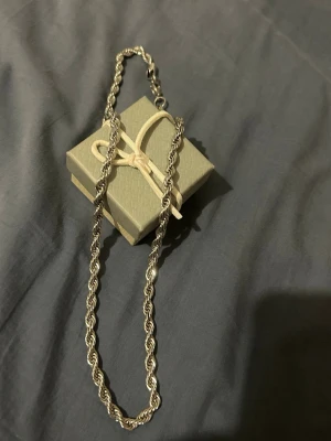 Silverfärgat tvinnat halsband - Säljer ett stilrent halsband i silverfärg med tvinnad kedja. Halsbandet har en klassisk design och passar perfekt till olika stilar. Levereras i en liten presentask med snöre. Materialet ser ut att vara metall.