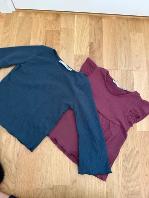 Två ribbade långärmade toppar - Säljer två snygga ribbade toppar från 157, en i mörkblått och en i vinrött. Båda har lång ärm och rund halsringning. Perfekta att styla med jeans eller kjol för en chill look.