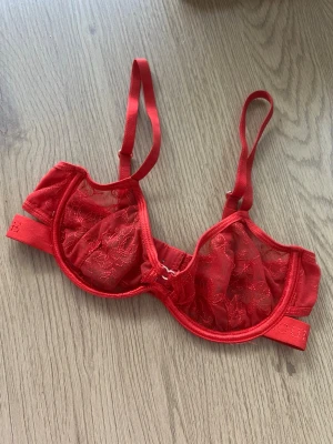 Lounge BH  - Supergullig röd mesh bh från Lounge, storlek 65C. Söta små hjärtan som detaljer. Tror att den eventuellt kan ha blivit tvättad lite för varmt då den blivit lite wonky när den ej sitter på. Fint skick i övrigt ❤️