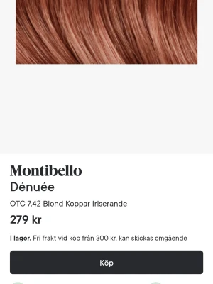 Hårfärg Montibello Dénuée Blond Koppar Iriserande - Köpt på Lyko, men har inte använt den då jag ändrat mig om färgen. Vegansk. Lämplig för två applikationer, då den innehåller två flaskor "developer" (60ml/st), och en tub med färgkräm (60ml), som man använder hälften av till varje flaska developer/aktivatorkräm.