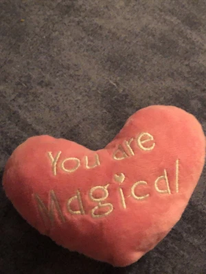 Rosa hjärtformat mjukisdjur - Säljer ett gulligt hjärtformat mjukisdjur i rosa plysch med broderad texten 'You are Magical' i vitt. Perfekt som present eller dekoration i sovrummet. Mjuk och fluffig känsla.