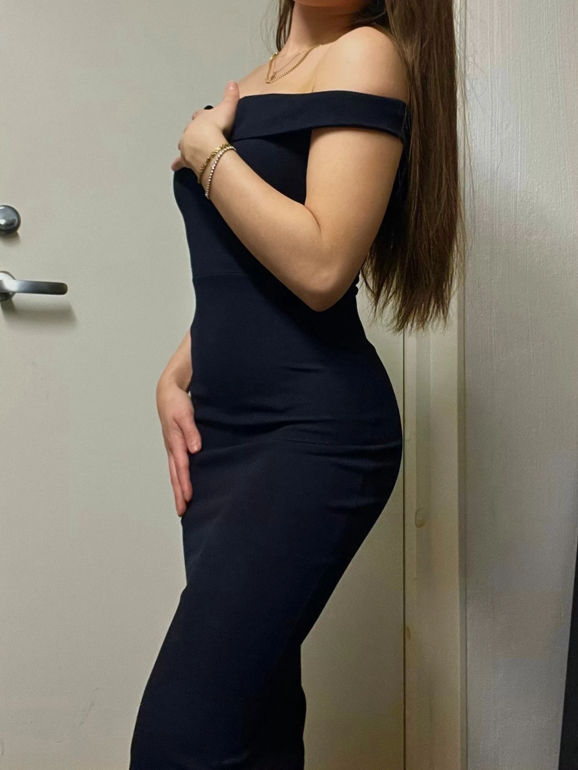 Marinblå offshoulder långklänning - 1