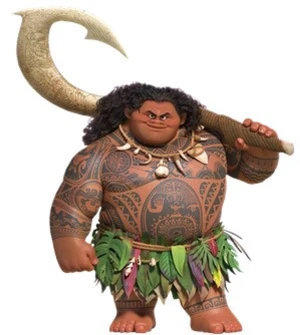 Kort - Klä ut dig till Maui från Disneyfilmen Vaiana med denna detaljerade cosplaydräkt. Dräkten har tatueringsmönster, grön kjol av blad och halsband med snäckor. Inkluderar stor gyllene fiskkrok som accessoar. Perfekt för maskerad eller cosplayevent.