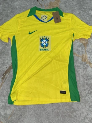 Brasilien Nike player kit  storlek L/M  - Snygg Brasilien fotbollströja från Nike i gult med gröna detaljer och krage. Tröjan har CBF-logga och Nike Swoosh på bröstet samt meshpaneler för ventilation. Tillverkad i lätt och funktionellt material, perfekt för träning eller match. Storlek L passar även M om man vill ha lite lösare passform. 