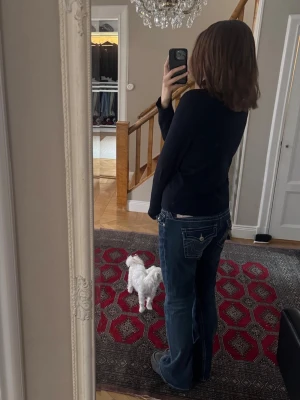 True religion bootcut jeans - Säljer ett par blå bootcut jeans med snygga broderade detaljer på bakfickorna och klassisk femficksmodell. Jeansen har låg midja och är tillverkade i ett mjukt denimtyg som sitter skönt. Perfekta för dig som gillar en avslappnad men trendig look.