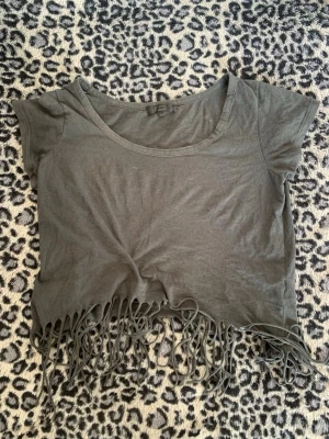 Grå croppad topp Bik Bok - Säljer en grå croppad topp från Bik Bok med korta ärmar och fransar längst ner. Toppen har rund halsringning och är gjord i mjuk bomull, perfekt för en avslappnad och trendig look.