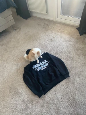 Svart Aurora dream  hoodie med tryck - Säljer en svart hoodie från Aurora dream med stor vit och blå text på bröstet och en stjärna som detalj. Hoodien har en klassisk känguruficka och vit dragsko i huvan. Perfekt för dig som gillar streetwear och vill sticka ut lite extra.