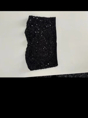 Svart paljett bandeau tubtopp - Säljer en svart bandeau tubtopp med glittriga paljetter på framsidan och dragkedja baktill. Toppen är axelbandslös och perfekt för dig som vill sticka ut lite extra. Sitter tight och har en snygg, croppad passform.