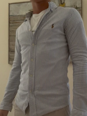 Randig Ralph Lauren skjorta - Snygg blårandig skjorta med klassisk krage och knappstängning framtill från Ralph Lauren Skjortan har långa ärmar och en liten broderad detalj på bröstet. Tillverkad i bomull för en skön och luftig känsla. Perfekt för dig som gillar stilrena och tidlösa plagg.