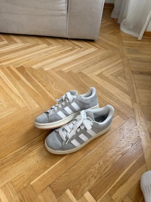 Grå Adidas Campus  - Säljer ett par grå Adidas sneakers i mocka med klassiska vita ränder på sidorna och vit sula. Skorna har vita skosnören och låg profil som passar till många olika stilar. Perfekta för dig som gillar en clean och sportig look.