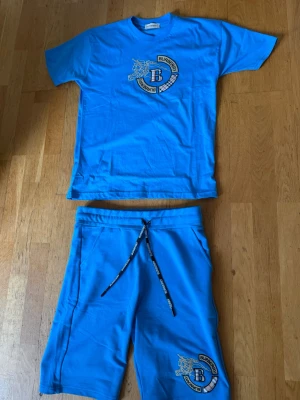 Blå shorts från Burberry x t-shirt - Säljer ett par blå shorts från Burberry med snörning i midjan passformen är normal ingår t-shirt.