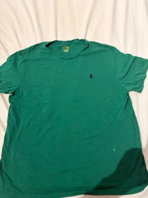 Grön t-shirt från Ralph Lauren - Snygg grön t-shirt från Ralph Lauren med klassisk blå logga broderad på bröstet. T-shirten har rund halsringning och korta ärmar. Tillverkad i mjuk bomull som känns skön mot huden. Perfekt för en avslappnad och stilren look.