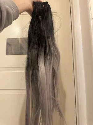 Svart till grå clip-on löshår - Snyggt ombre clip-on löshår med svart botten som övergår i grått. Långt och rakt syntetiskt hår med flera clips för enkel fastsättning. Perfekt för att snabbt få längre och fylligare hår med cool färgövergång.