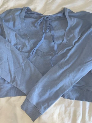Ljusblå croppad topp med öppen rygg - Supersöt ljusblå croppad topp med långa ärmar och snygg knytning i ryggen. Toppen har en rundad halsringning och är gjord i ett mjukt, tunt material som känns skönt mot huden. Ett litet hål på ryggen som knappt märks, och enstaka lösa trådar förekommer. Jag tvättar och stryker såklart tröjan innan frakt! Skulle säga att den passar strl xxs-s, pris går att disskutera💗