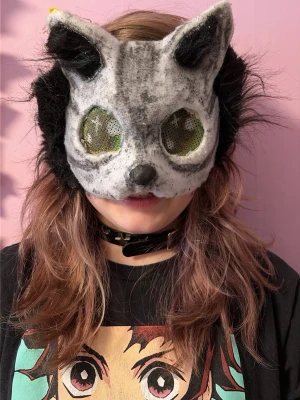 Therian mask katt - Grå och svart kattmask med gröna större ögon 👀 🐈‍⬛ 