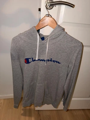 Grå Champion hoodie med logga - Snygg grå hoodie från Champion med klassisk blå och röd logga på bröstet. Hoodien har vit dragsko i huvan och en stor magficka framtill. Tillverkad i mjukt bomullsmaterial, perfekt för en avslappnad och sportig stil.