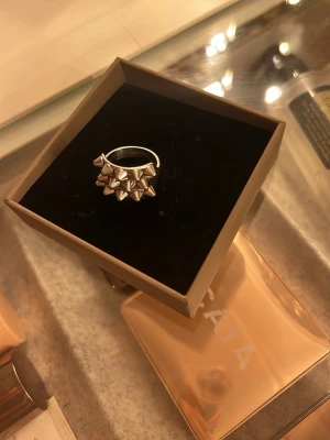 Silvrig edblads ring med nitar - Cool silvrig edblads ring med flera små nitar i ett geometriskt mönster. Ringen har en bred design och sticker verkligen ut med sin edgy look. Perfekt för dig som vill ha något unikt och vågat i din smyckessamling.