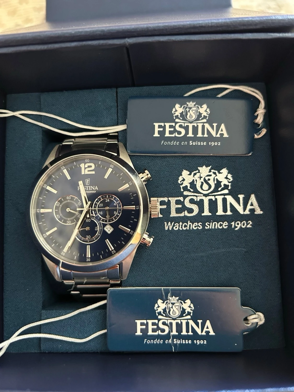 Festina silverklocka med blå urtavla