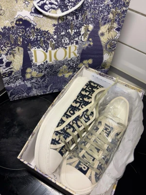 Dior Oblique sneakers i blått och vitt - Snygga Dior Oblique sneakers med klassiskt blått och vitt mönster samt vita snören. Skorna har lågt skaft och tydlig logga på plösen och sidan. Ovandelen är i canvas och sulan är vit med diskret mönster. Perfekta för dig som vill sticka ut med lyxig streetstyle.