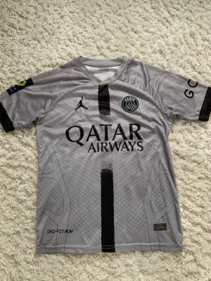 PSG grå matchtröja Nike Jordan - Snygg grå PSG matchtröja från Nike i samarbete med Jordan. Tröjan har svarta detaljer, PSG-logga på bröstet, Qatar Airways sponsortryck och Dri-FIT ADV-material för bästa komfort. Unik design med svart rand och diskreta mönster. Perfekt för fotboll eller streetwear.