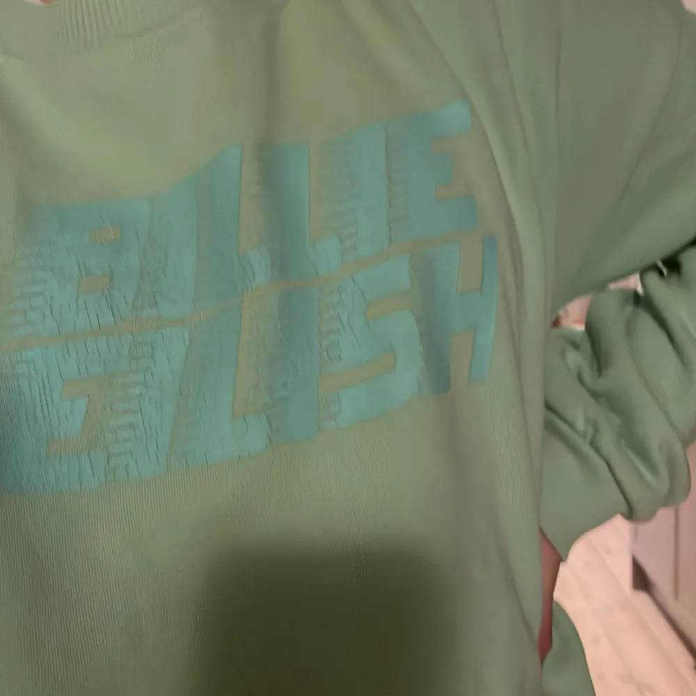 Den här produkten är en grön Billie Eilish tröja från HM. Den är lite sliten i texten men kan vara coolt. 29kr extra om du vill ha frakt.. Tröjor & Koftor.