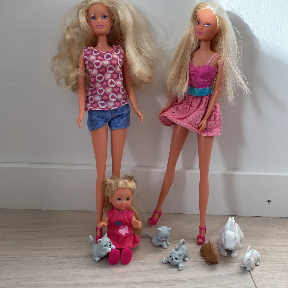  Hej. Komplett Innehåller: 3 Barbie dockor, 3 kaniner, 3 katter, 1 kanin inhängnad, 1 kanin klätter grej, ett katt torn, 2 sallader, 2 morötter, 2 fiskar, 3 rosa borstar och 1 gul, 2 katt garnnystan, 4 matskålar, 1 kattlåda, 1 hink, 1 påse, 3 nappflaskor.. Övrigt.