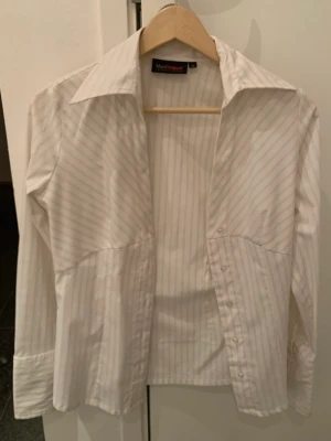 Figursydd blus, vit med silverfärgade kritstrecksrändet - Vit festlig blus med dekorativa silverfärgade kritstrecks ränder  Figursydd, något urringad.