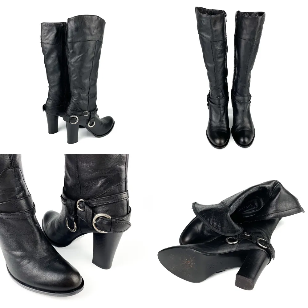 Vintage Y2K 90s 00s NOVITA real leather chunky high heels knee high boots in black.  Some minor scratches and marks.  Size: label 38, fit true to size. Ask for full description before buying. No returns.. Skor.