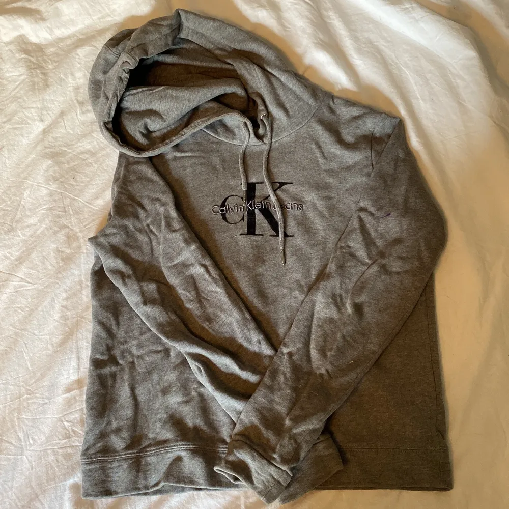 Grå Calvin Klein hoodie i storlek xs. Använd fåtals gånger och är fullt hel. Ordinarie pris 800kr men väljer att sälja för 350 plus frakt.. Hoodies.