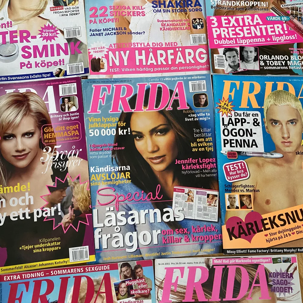 2 SÅLDA. Säljar av min älskade samling av Frida tidningar från 2001-2003🥲💓 gamla insändare, mode, kärlekstips och skvaller💕 VERKLIGEN Y2k NOSTALGI😍!! 55-63 sidor/nummer, och i bra skick.  99 kr/st då de knappt går få tag på🥲 . Övrigt.