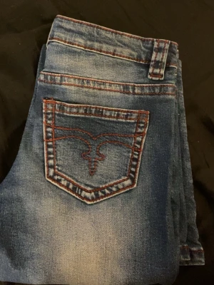 Rock revival liknande jeans - Jättesnygga jeans med slitningar och röd kontrastsöm längs fickor och sömmar. Bakfickan liknar rock revivals fickor💕 