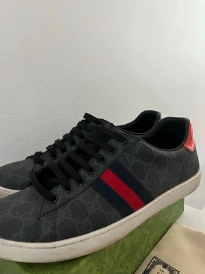 Gucci ace skor - Riktigt feta gucci ace skor, haft dom c.a en månad men behållt dom i väldigt bra skick!. De är både trendiga och as feta. De funkar till både finkläder och streetwear. De är 44 men passar 43 också då jag själv har 43 i allt annat. Hör av er angående priset! 🏆 🤝🏼🥊