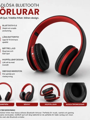 Svarta och röda trådlösa bluetooth-hörlurar - Stilrena over-ear bluetooth-hörlurar i svart och rött med mjuka öronkuddar och hopfällbar design. Utrustade med inbyggd mikrofon, Bluetooth 5.0 och lång batteritid. Perfekta för musik, samtal och gaming.