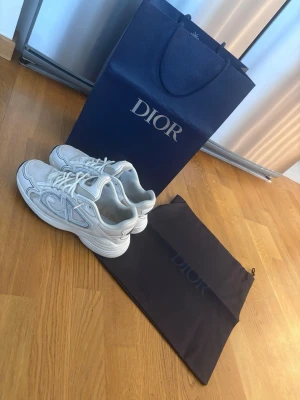 Vita CD sneakers med silverdetaljer - Säljer ett par vita CD sneakers med snygga silverdetaljer och tjock sula. Skorna har en modern, chunky design och är tillverkade i Italien. Klassisk snörning och diskret DC-logga på sidan. Perfekta för dig som vill ha en exklusiv och trendig look.