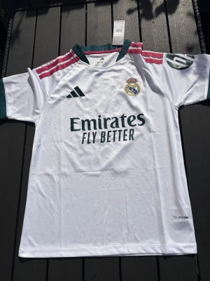 Real Madrid matchtröja Mbappé 10 - Snygg vit Real Madrid matchtröja från Adidas med gröna detaljer, rosa axelränder och klubbmärke på bröstet. Tryck med Mbappé och nummer 10 på ryggen. Tillverkad i lätt och ventilerande material, perfekt för fotboll eller träning.