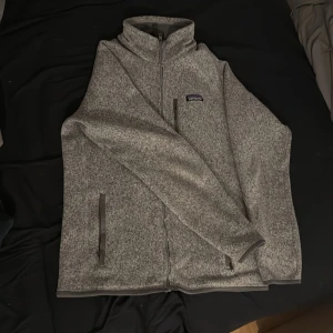 Grå fleecejacka från Patagonia - Säljer en grå fleecejacka från Patagonia med hög krage och hel dragkedja framtill. Jackan har två sidofickor med dragkedja och ett litet Patagonia-märke på bröstet. Perfekt för kyliga dagar och riktigt skön att ha på sig. 