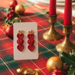 Handgjorda röda örhängen med hjärtan och rosett - Unika röda örhängen med tre sammankopplade hjärtan i rad och en liten guldfärgad rosett upptill. Perfekta för att ge din look en söt och festlig touch. Passar extra bra till julens alla tillfällen! Polymerclay och alla delar är allergivänliga ❤️