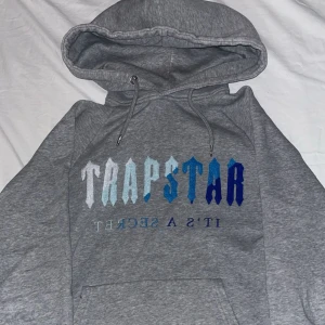 Grå Trapstar hoodie med blå text - Säljer en grå hoodie från Trapstar med huva och snörning. Framsidan har ett stort tryck i olika blå nyanser med texten 'TRAPSTAR' och 'IT'S A SECRET' under. Hoodien har en klassisk känguruficka och är perfekt för chill dagar.