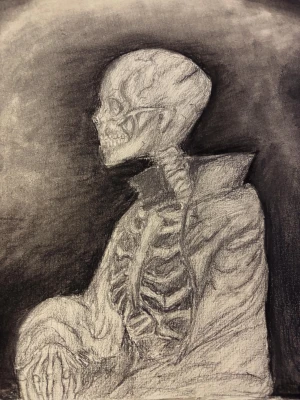 ”I wear the echos of what I once was”  Echos of the hollow - piece I - En unik blyerts ritning med mörka, suggestiva blyertsteckningar av ett skelett i dramatiskt ljus. Perfekt för dig som gillar mystik, djupa känslor och vill ha något annorlunda i din samling. Skapad av Alma Myrberg, signerad och med personligt citat. Cirka 35 cm lång och 30 cm bred. 