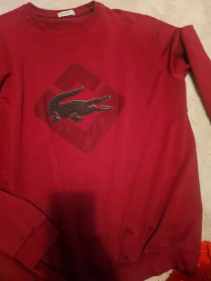 Röd långärmad tröja  - Snygg röd långärmad tröja med det klassiska krokodiltrycket i svart framtill. Tröjan har rund halsringning och ribbade muddar vid ärmslut och nederkant. Perfekt för dig som gillar stilrena och sportiga plagg.