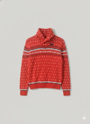 Röd stickad tröja från Chaps L för barn - Röd stickad tröja från Chaps storlek L för barn passar åldrar mellan 10-12 med klassiskt vintermönster i vitt och svart. Tröjan har hög krage, ribbade muddar och lång ärm. Perfekt för kalla dagar och har en snygg retrovibe med sina små vita detaljer och breda mönsterband över bröstet.