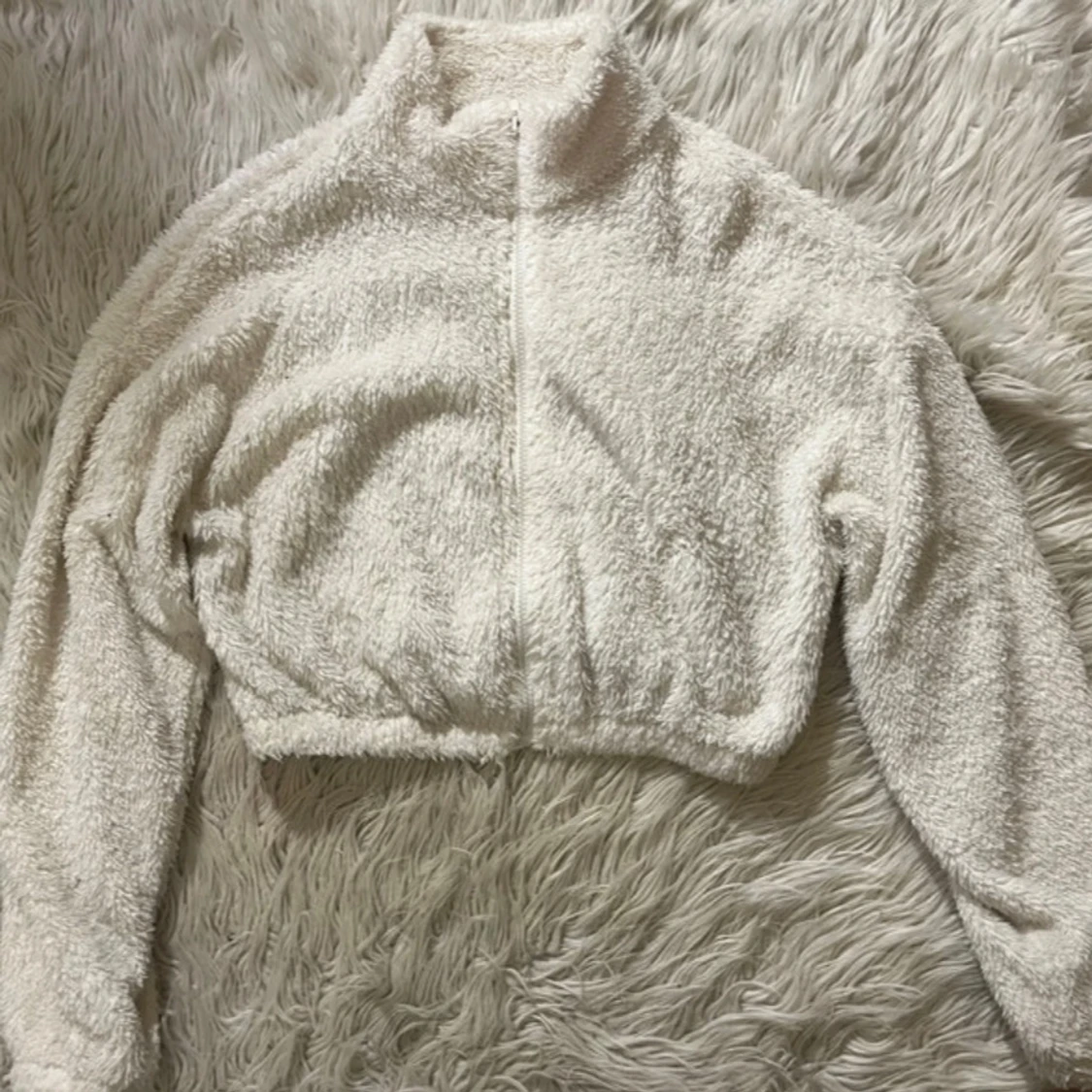 Vit teddy-cropped ziptröja fluffig shein - 1