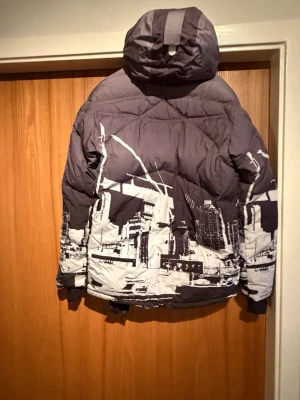 Peak Performance Dunjacka L - Säljer en fet dunjacka  från Peak Performance i storlek L. Jackan är mörkgrå och vit med ett grafiskt stadsmotiv, har röda dragkedjor och huva. Perfekt för kalla dagar, riktigt skön och har flera fickor med dragkedja.