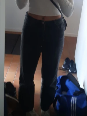 Svarta Gina Tricot Perfect Jeans strl 38 - Säljer ett par svarta Gina Tricot Perfect Jeans i storlek 38. Jeansen är i mid waist, raka ben och klassisk femficksdesign. Materialet är jeans i bomull och de har en snygg mörk tvätt. Perfekta till sneakers eller boots.