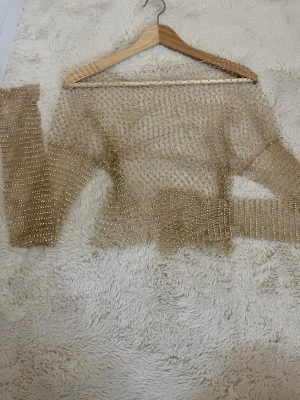 Glittrig mesh topp i guld - Säljer en glittrig mesh topp i guld med långärmade armar. Toppen är genomskinlig och dekorerad med små silverfärgade pärlor och är stretchig